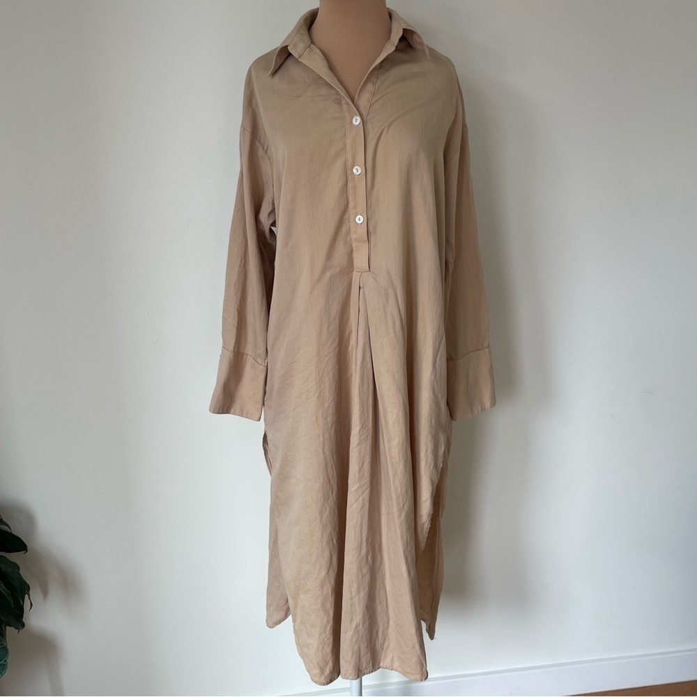 Stillwater Cotton Tan Side Slit Long Sleeve Buttoned Tunic Shirt Dress EUC Sz XS